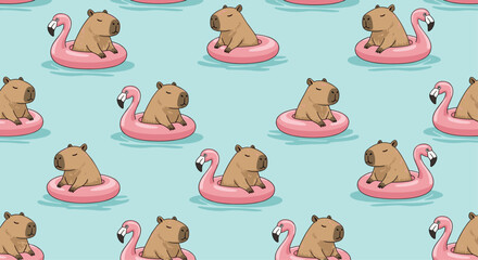 Seamless pattern featuring adorable capybaras relaxing on pink flamingo floaties against a light blue background, perfect for summer designs and playful aesthetics.