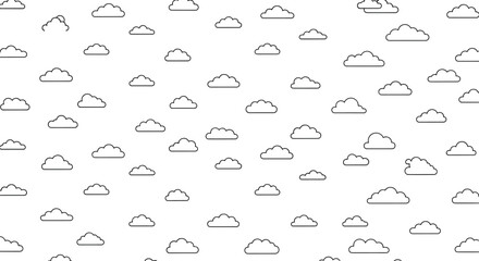 A seamless pattern of simple, hand-drawn style clouds scattered across a clean white background, ideal for backgrounds, textiles, and digital design elements.