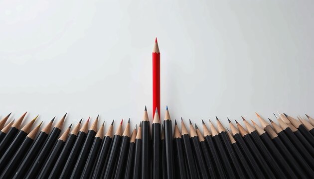 A solitary bright red pencil rises above a sea of identical black pencils on a pristine white table, symbolising bold leadership - Powered by Adobe