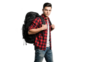 Young man wearing red plaid shirt and jeans carrying a large backpack standing confidently isolated on transparent background