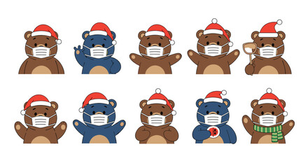 Festive bears wearing face masks and Santa hats demonstrate safe holiday practices and social distancing during a pandemic or winter season.