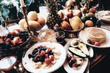 Colorful assortment of fruits and pancakes arranged on elegant table setting