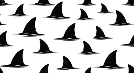 Seamless pattern featuring dark gray shark fins gliding across a bright white background, creating a repeating ocean predator motif for various design applications.
