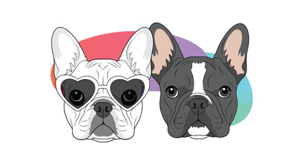Charming illustration of two adorable French bulldogs, one wearing heart-shaped sunglasses, set against colorful abstract shapes, creating a playful and modern aesthetic.