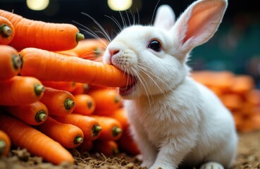 A white rabbit nibbling on a bunch of fresh carrots in an outdoor farm setting