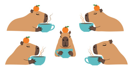 A collection of adorable capybaras enjoying warm beverages with oranges balanced on their heads, creating a whimsical and relaxing scene.