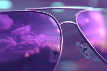 Stylish sunglasses reflecting vibrant purple skies and dreamy clouds