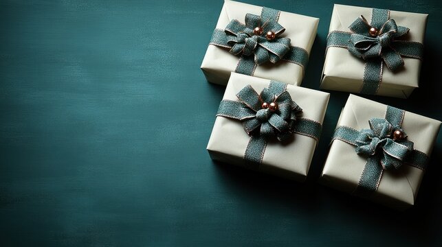 Four gifts with bows rest on a teal surface, ready for special moments