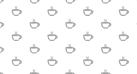 Seamless pattern featuring delicate line art illustrations of steaming coffee cups on a clean white background, ideal for backgrounds and design elements.