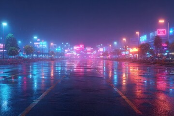 Neon cityscape illuminated by vibrant lights reflecting on wet pavement at night