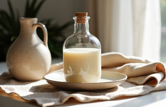 A glass bottle filled with milk placed on a white plate on a wooden table