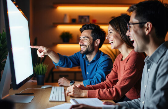 Team of young professionals collaborating and smiling while working on a computer in a modern office setting