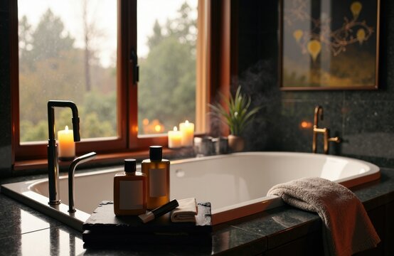 A cozy bathroom with a large bathtub illuminated by candlelight and natural light from a window