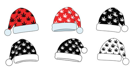 A collection of six Santa hats featuring a repeating marijuana leaf pattern in red and black color schemes, perfect for festive and alternative holiday designs.