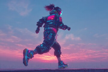 Futuristic figure sprinting under vibrant skies, showcasing dynamic motion and style