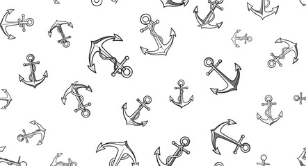 Seamless pattern featuring hand-drawn nautical anchors in varying sizes and orientations on a clean white background, ideal for maritime themes.