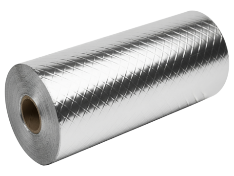 Roll of thermal insulation foil with a diamond pattern texture on a transparent background