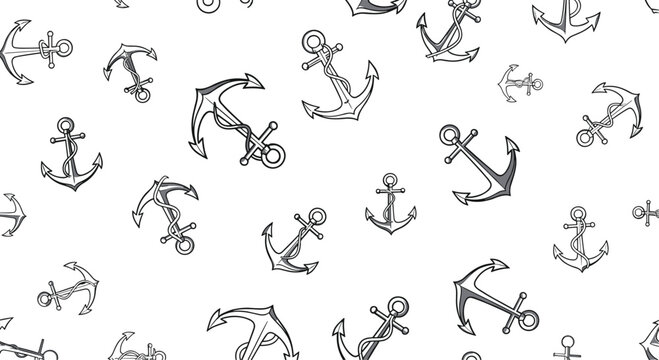 Seamless pattern featuring hand-drawn nautical anchors in varying sizes and orientations on a clean white background, ideal for maritime themes.