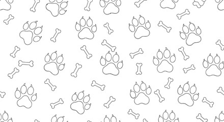 Seamless pattern featuring playful black and white paw prints and bone shapes scattered across a clean white background, ideal for pet-themed designs.