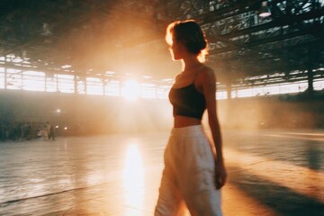 Silhouette of woman dancing in sunlight, creating an ethereal atmosphere