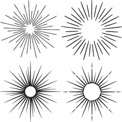 Obraz premium A set of four distinct black sunburst designs, featuring radiating lines for a retro graphic effect vector illustration.