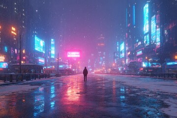 Mysterious figure stands alone in neon cityscape, enveloped in fog and reflections