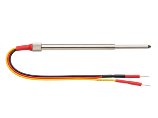 Stainless steel temperature probe sensor with colorful wiring on a transparent background