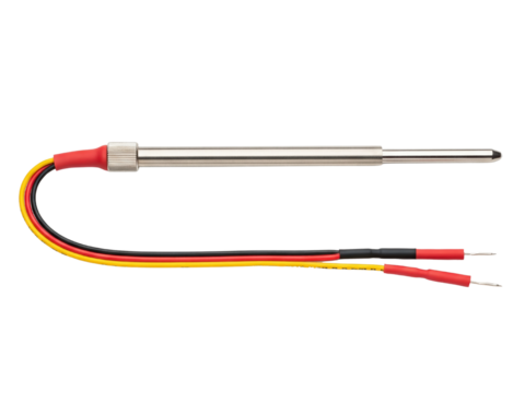 Stainless steel temperature probe sensor with colorful wiring on a transparent background