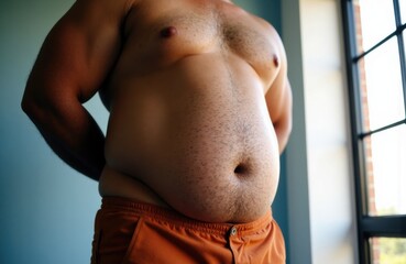 Close-up of a man's big torso with a slightly rounded fat belly standing indoors near a window