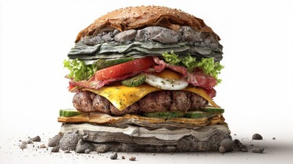 Conceptual geological layers burger showing earth strata with rock formations meat cheese vegetables creating creative food art composition