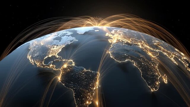 Global Connections: A mesmerizing visual showcases a network of luminous lines encircling the globe, symbolizing the interconnectedness of international communication.