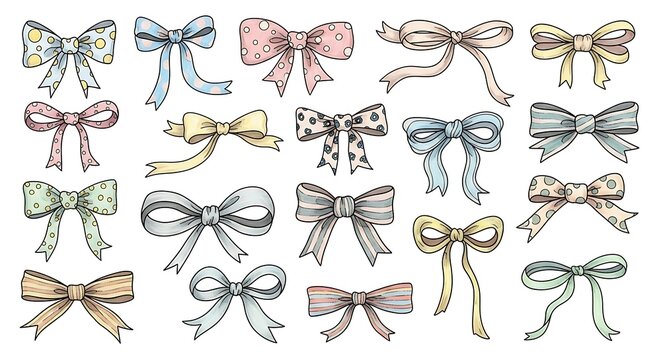 Watercolor bows set isolated on white background collection of hand drawn bows in pastel colors decorative elements for greeting cards, invitations, scrapbooking