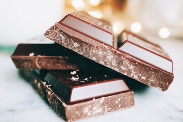 Rich chocolate bars stacked elegantly, showcasing glossy surfaces and textures