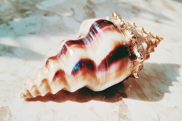Unique seashell showcases intricate patterns and vibrant colors, resting on marble surface