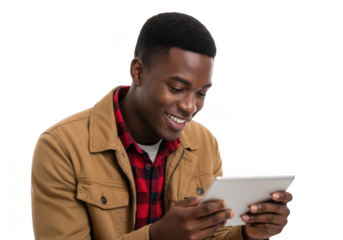 Young african american man with a warm smile holding and looking at a digital tablet device isolated on transparent background
