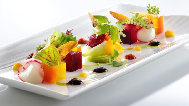 Modern fine dining vegetable composition featuring geometrically cut beets, turnips, and microgreens with artistic sauce dots on elegant rectangular white platter