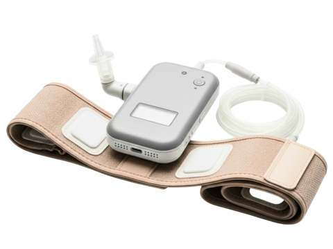 Portable medical device for respiratory therapy with strap on a transparent background