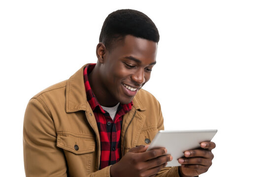 Young african american man with a warm smile holding and looking at a digital tablet device isolated on transparent background - Powered by Adobe
