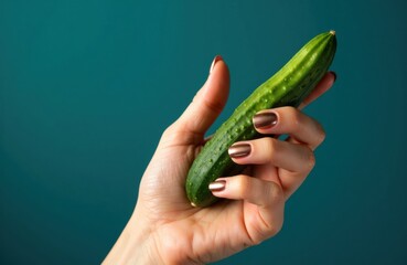 Fresh cucumber held by a woman's hand against a solid teal background
