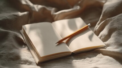 Naklejka premium Cozy Morning Study: Open Notebook And Pencil Rest On Soft Bed Linen Bathed In Warm Sunlight