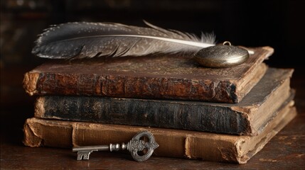 Antique leather-bound books stacked with vintage key, ornate pocket watch, and delicate feather creating nostalgic still life composition on weathered surface