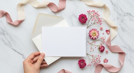 Fototapeta premium Feminine stationery mockup scene with blank card and envelope, pink flowers and silk ribbons on marble table top view, flat lay space for text