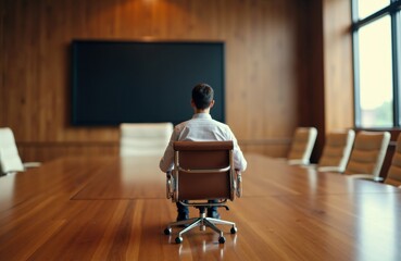 A man sitting alone at a conference table in a modern meeting room with large windows