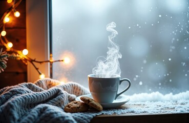 A steaming cup of coffee or tea sits on a windowsill with snow outside and cozy blankets nearby