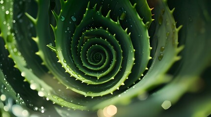Spiral aloe vera plant with thick fleshy leaves and water droplets clinging to the edges, viewed in extreme closeup, with a shallow depth of field blurring the background, and a natural earthy color p