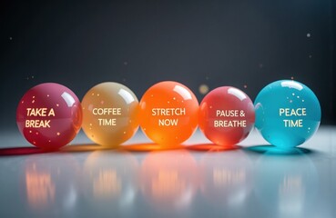 Take a break, coffee time, stretch now, pause and breathe, peace time written on colorful glass spheres
