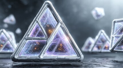 Futuristic triangular structures with backlighting and digital patterns on a dark background. Abstract sci-fi scene