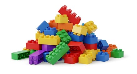 A vibrant pile of toy building block isolated on white background, symbolizing endless possibilities for creative construction and imaginative play for children