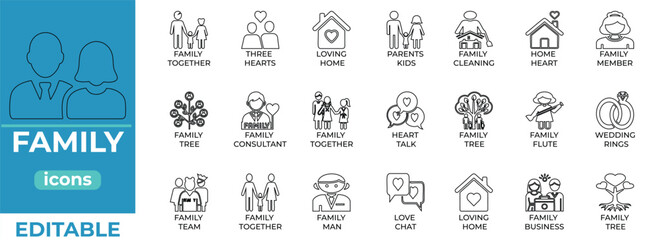 Family Line Icons Set .Editable Outline Family and Love Icons