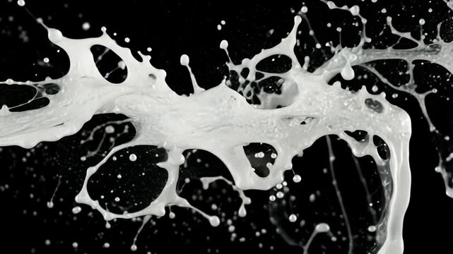 High-Speed Splash of White Liquid on Black Background: Dynamic Water Texture and Fluid Tableaux in Motion Photography